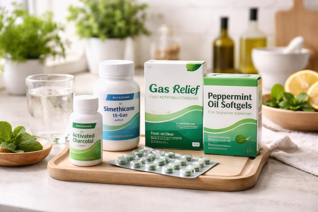 Assorted abdominal gas relief products on a table