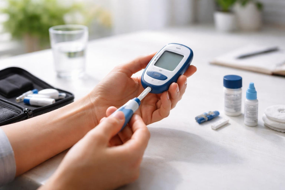Person using glucose meter with test strip and lancet