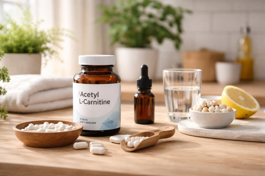 Acetyl L Carnitine supplements on wooden table UK