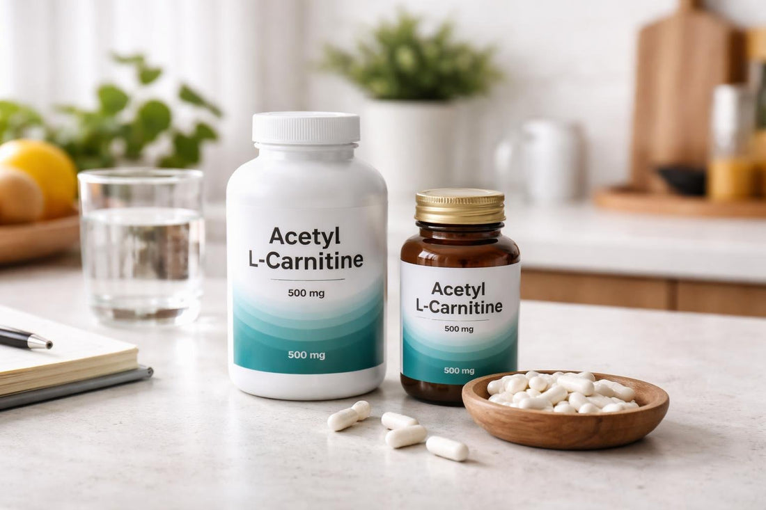 Bottles of acetyl L carnitine supplements and capsules