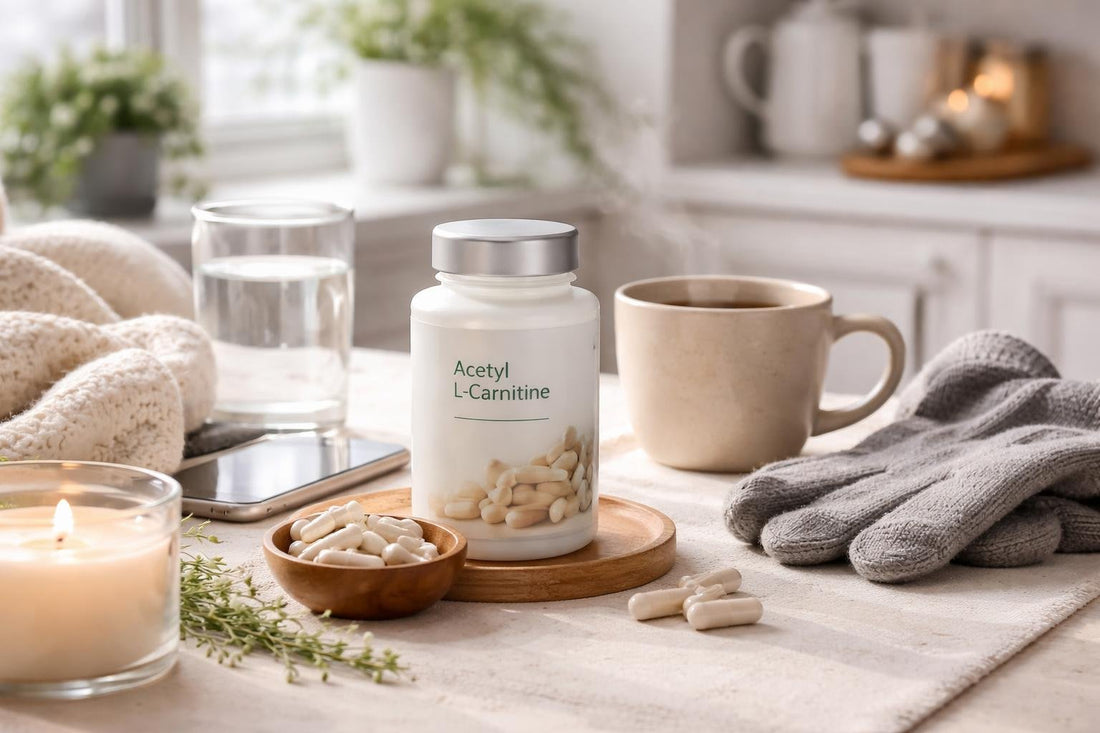 Acetyl L Carnitine capsules beside winter routine essentials