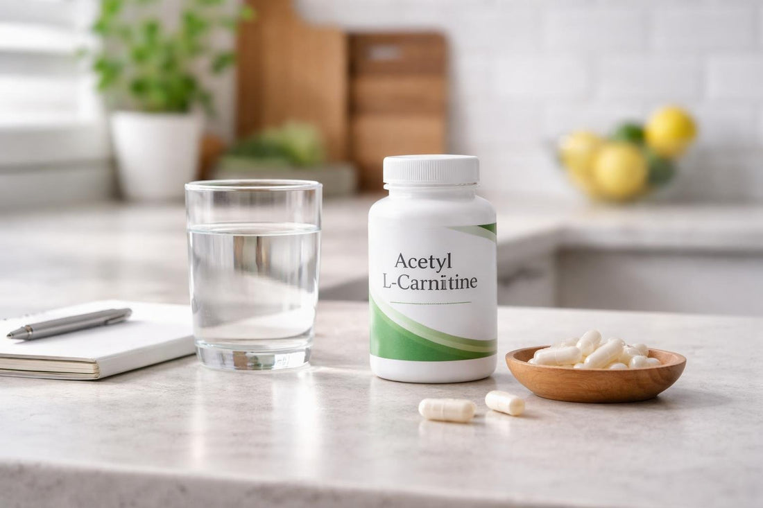 Acetyl L carnitine capsules with water on kitchen counter