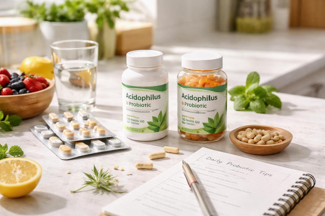 Acidophilus probiotic capsules and daily routine notes on table