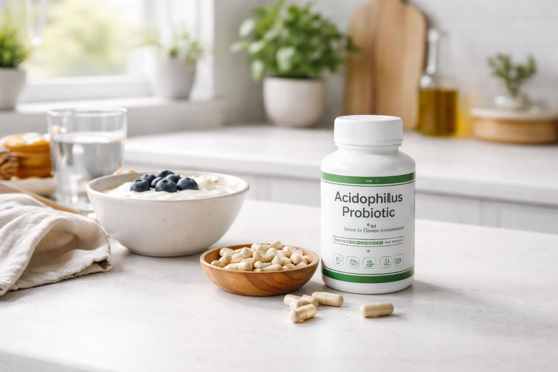 Acidophilus probiotic capsules and yoghurt on kitchen counter