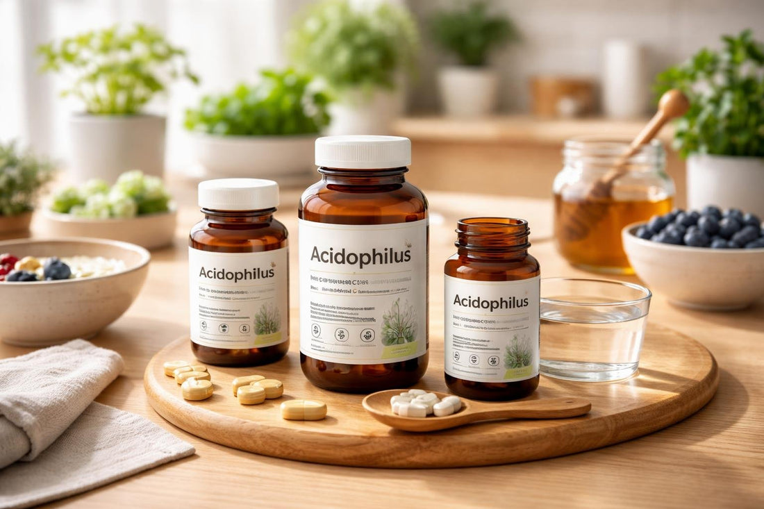 Acidophilus probiotic supplements on wooden table
