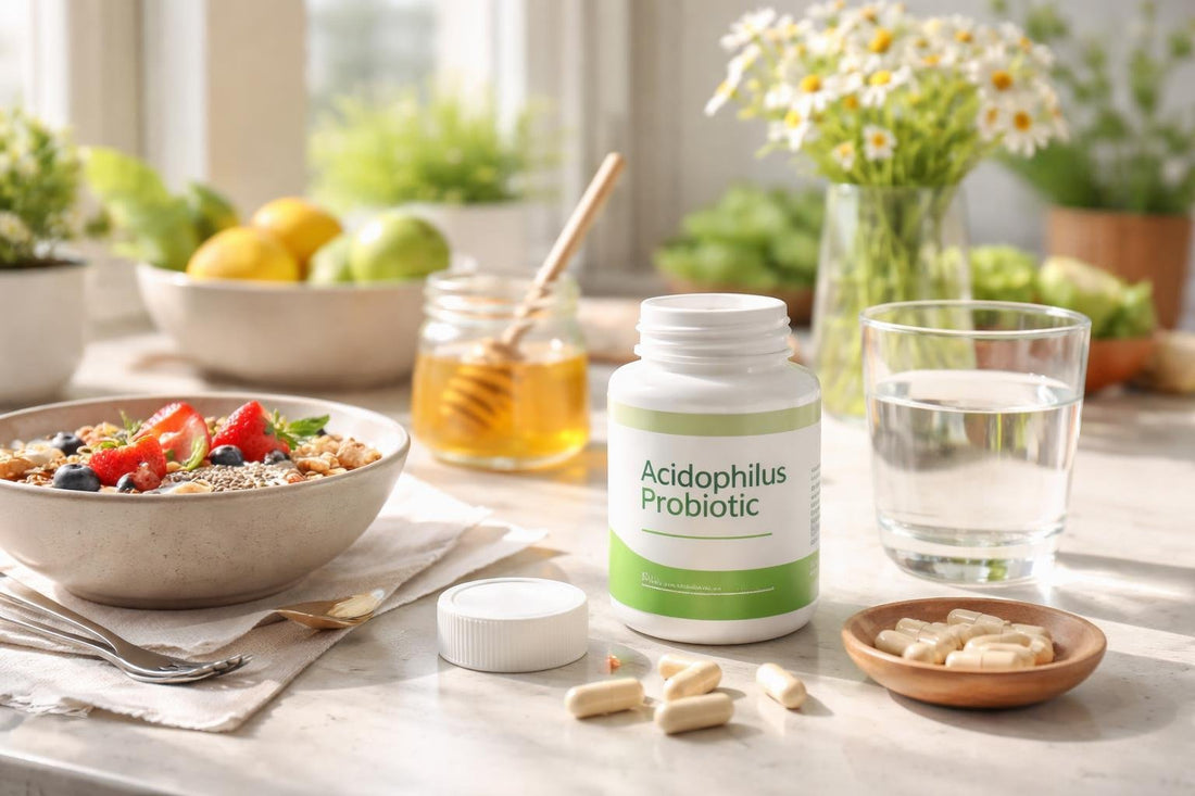 Acidophilus probiotic capsules and spring breakfast gut routine