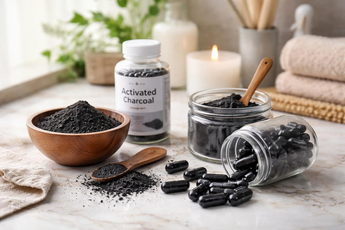 activated charcoal capsules and powder vs image