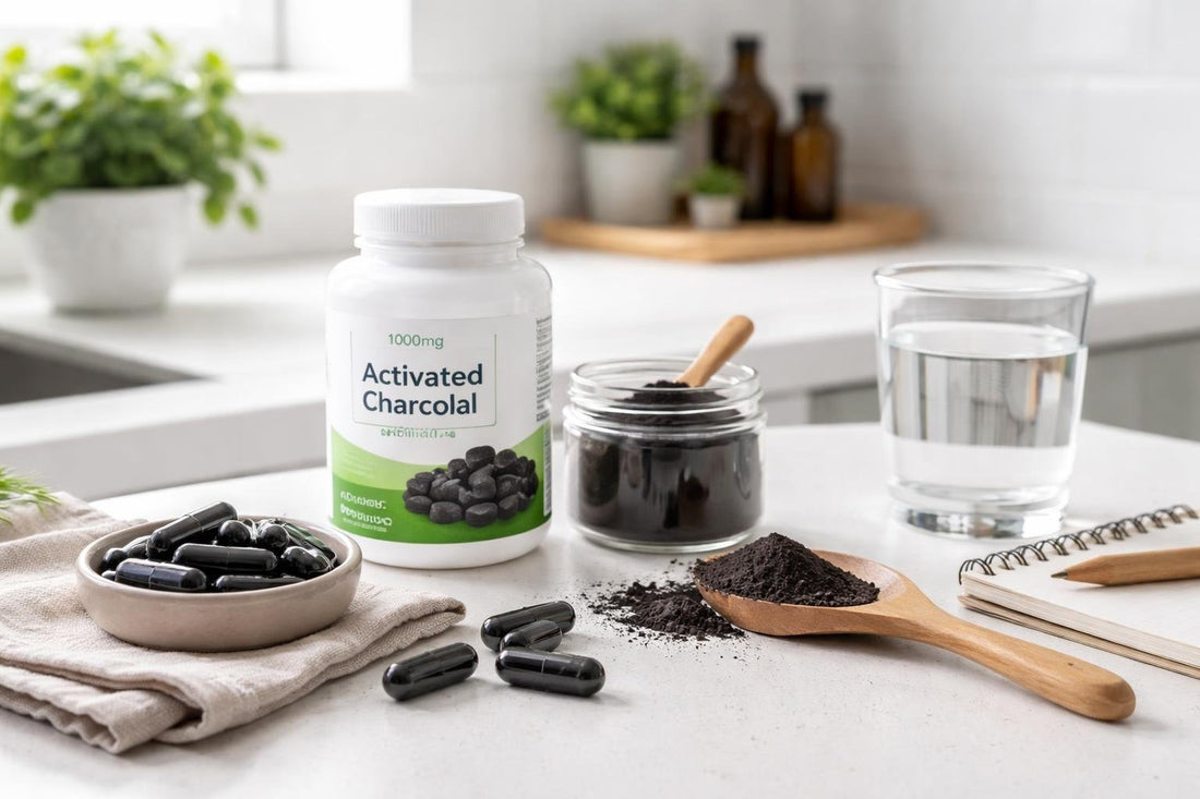 Activated charcoal supplements and dosing guide with capsules
