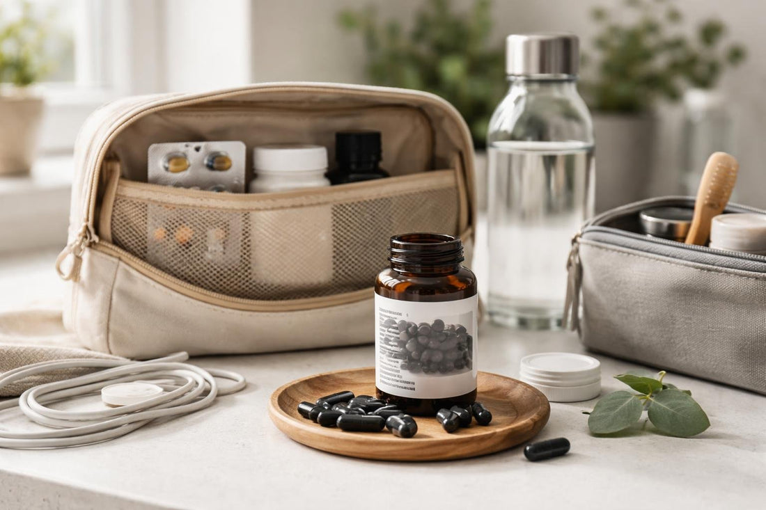 Activated charcoal capsules in a travel detox kit