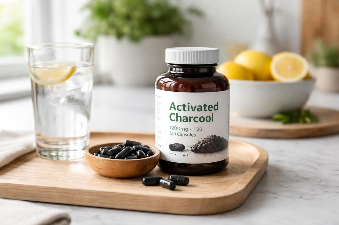 Activated Charcoal Nutritionals capsules beside water and label