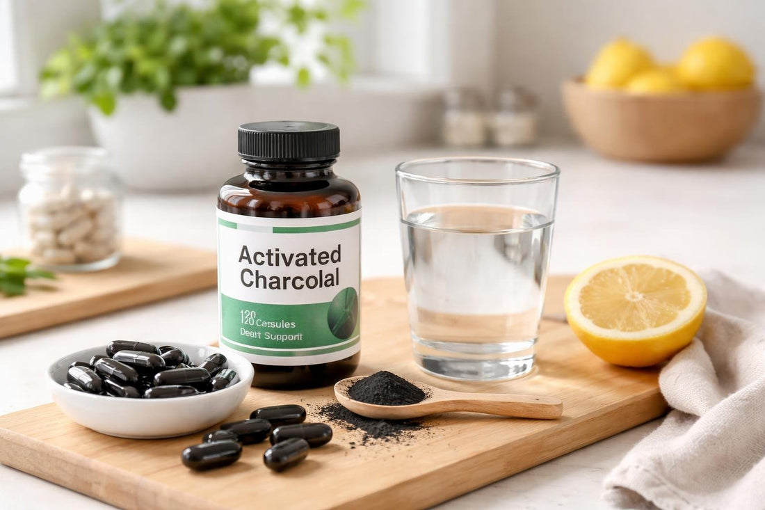 Activated charcoal capsules with water for safe home use