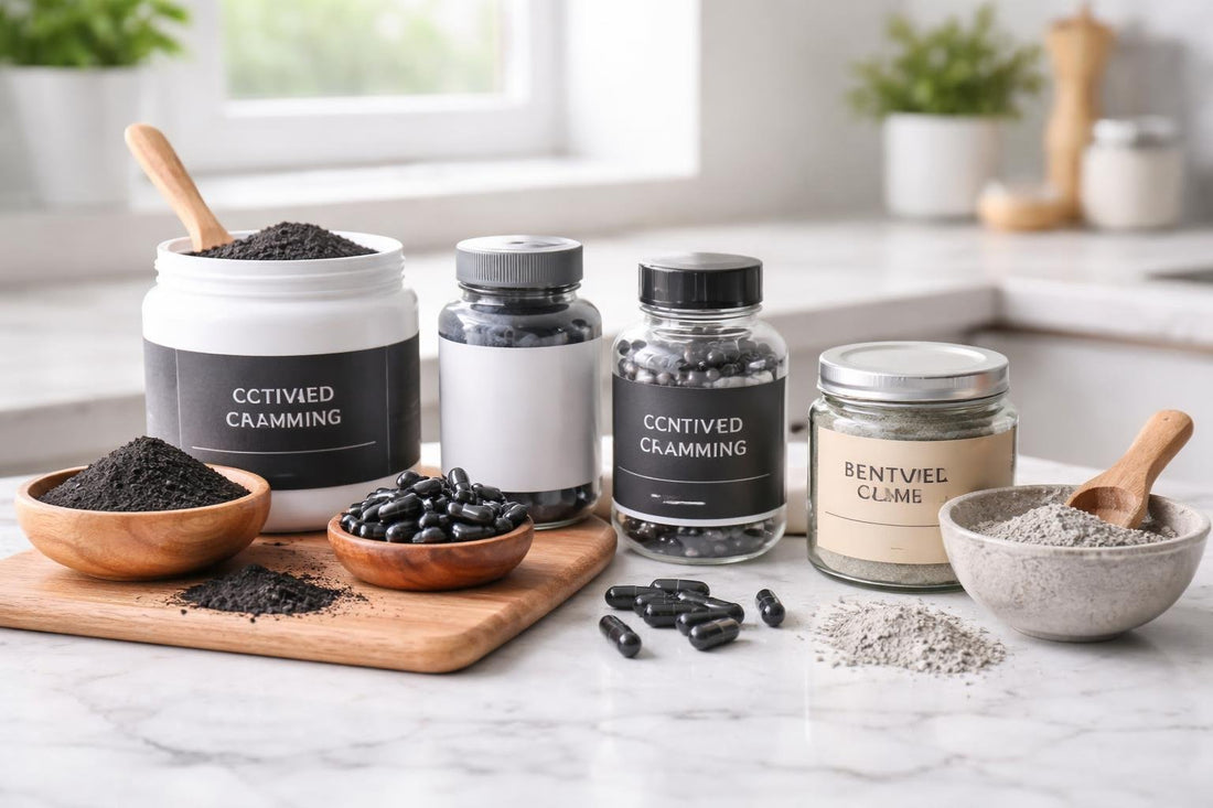 Assorted activated charcoal supplements and powders