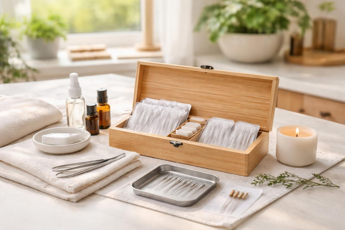 Beginner using acupuncture essentials safely at home setup
