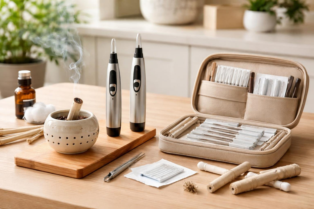 Acupuncture essentials kit with pens, moxa and ceramic pot
