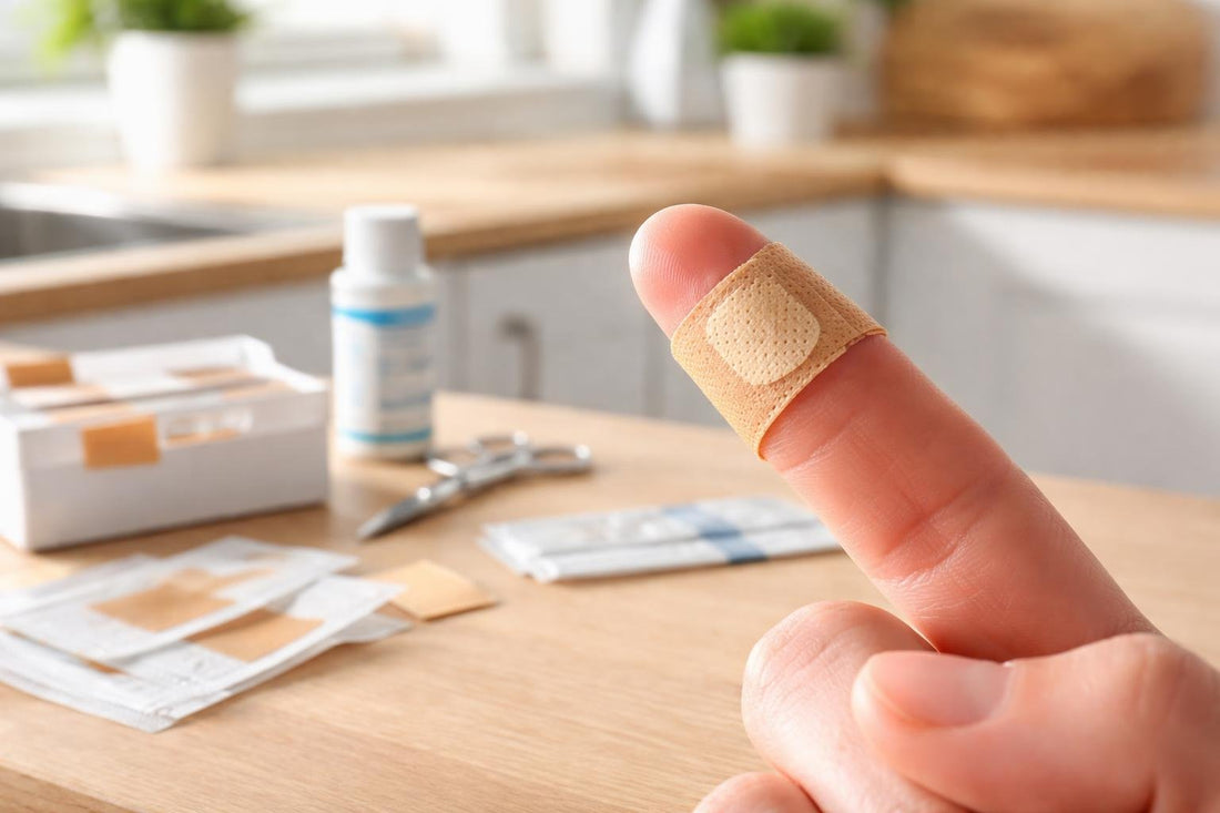 Close-up of adhesive bandage on fingertip showing fit