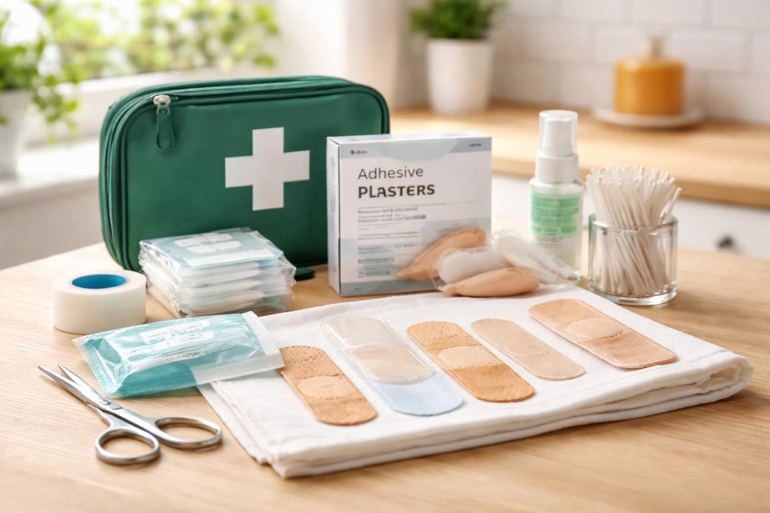 Assorted adhesive bandages essentials laid out for a UK first aid kit