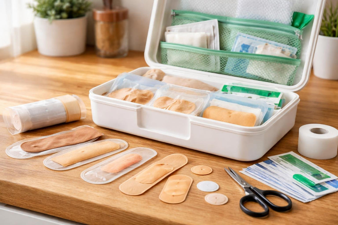 assorted adhesive bandages in first aid kit close-up