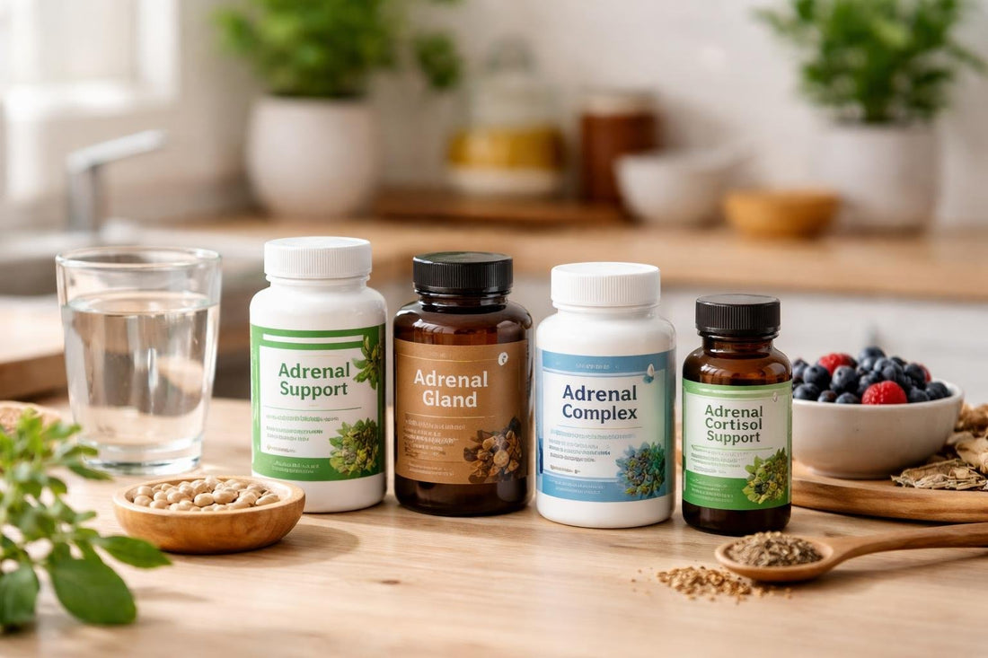 collection of adrenal extract supplements on wooden table