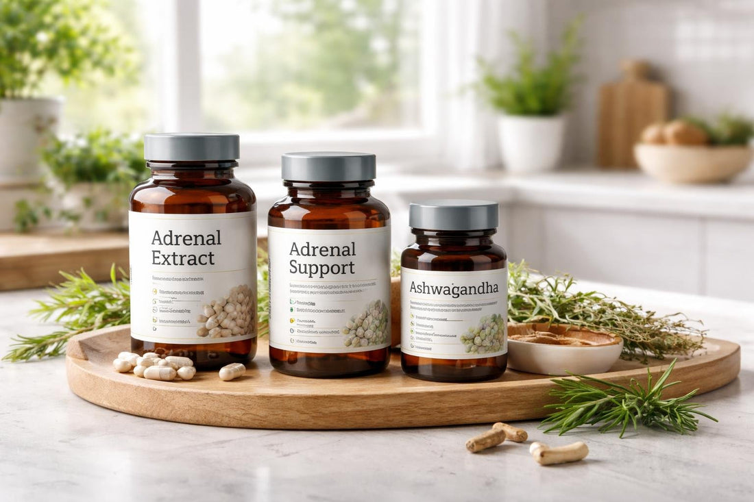 Adrenal extract supplement bottles with herbs and capsules