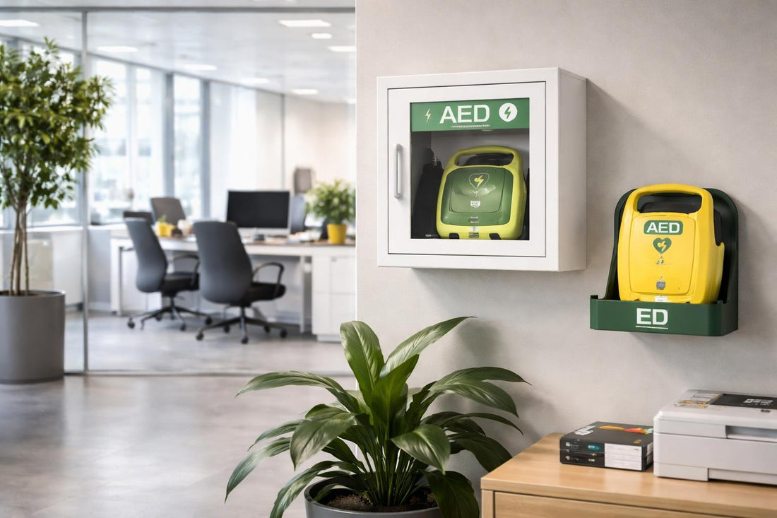 AED units on office wall ready for use