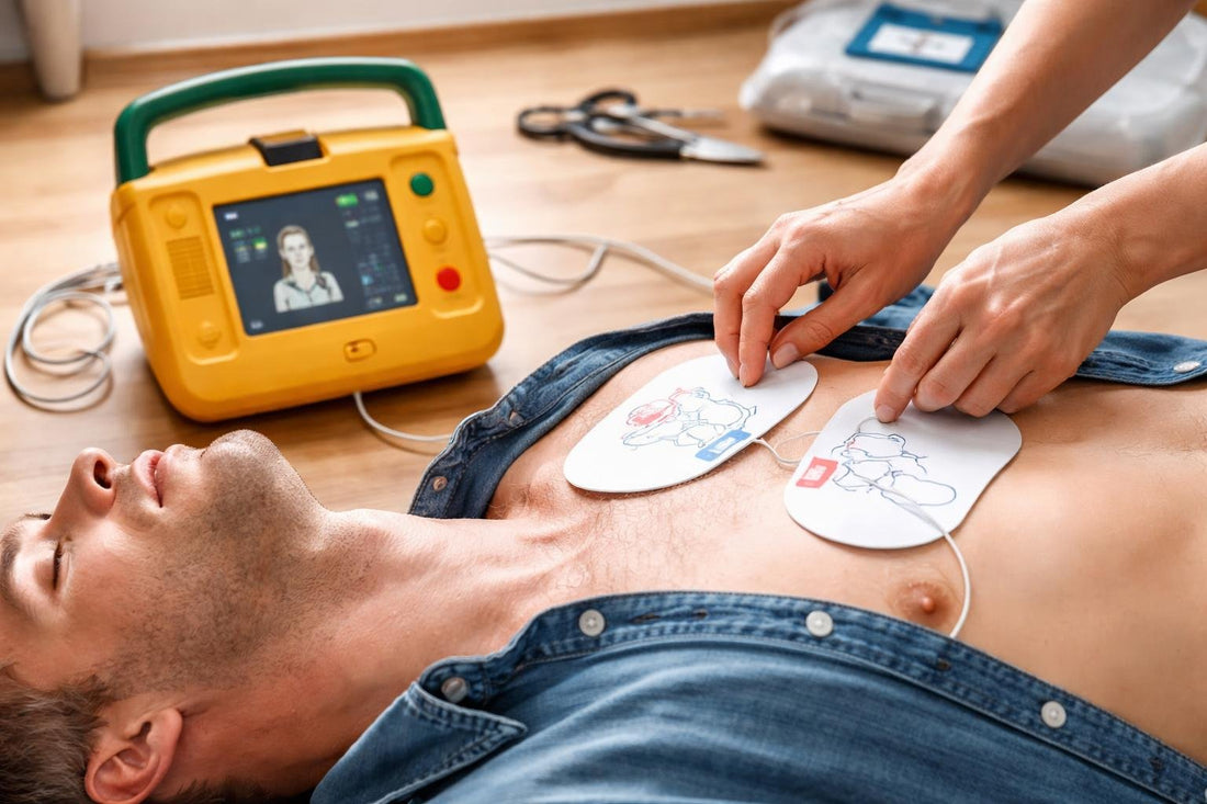 First-time user applying AED pads safely on chest