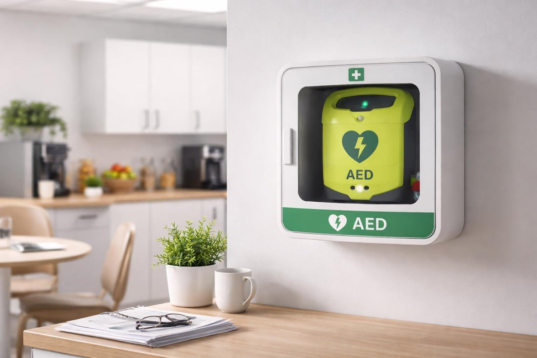 Wall-mounted AED defibrillator in a small UK office
