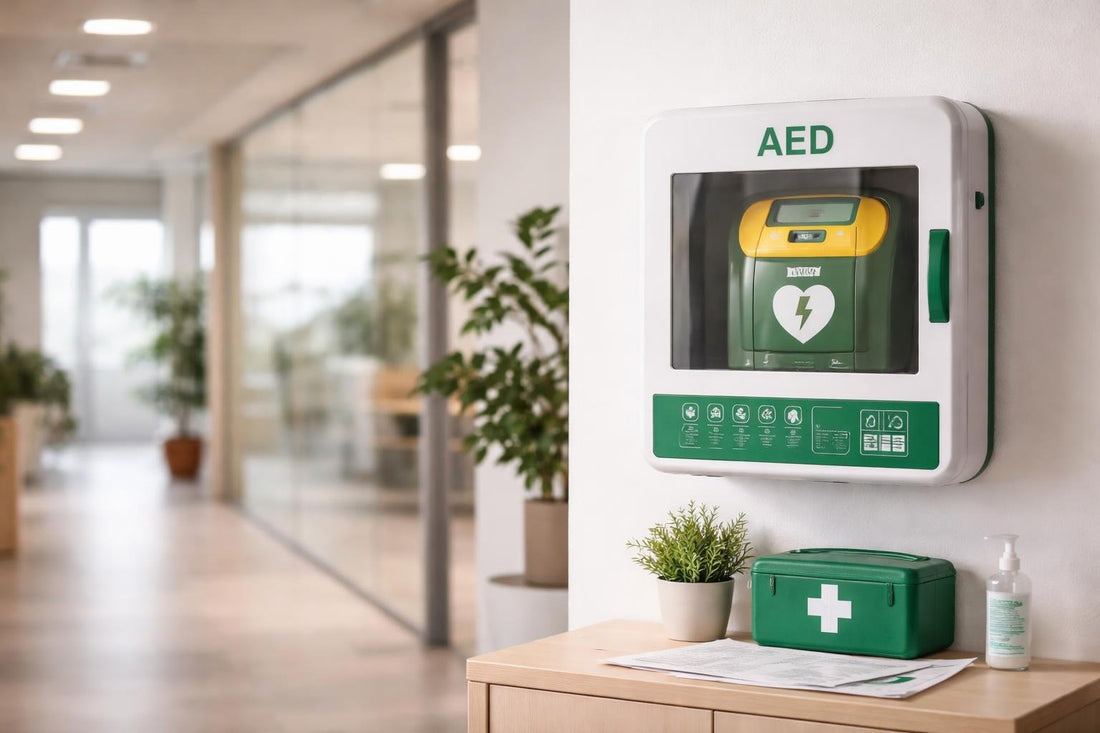 Wall-mounted AED defibrillator in a UK workplace corridor