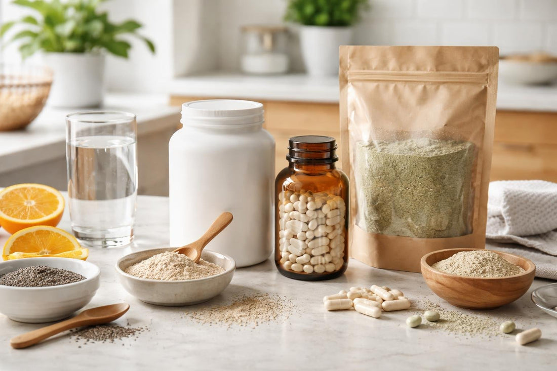 Assorted fibre supplement powders and capsules on table