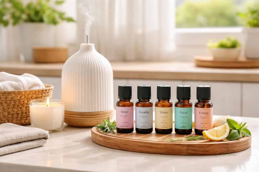 Affordable essential oil blends arranged beside a home diffuser