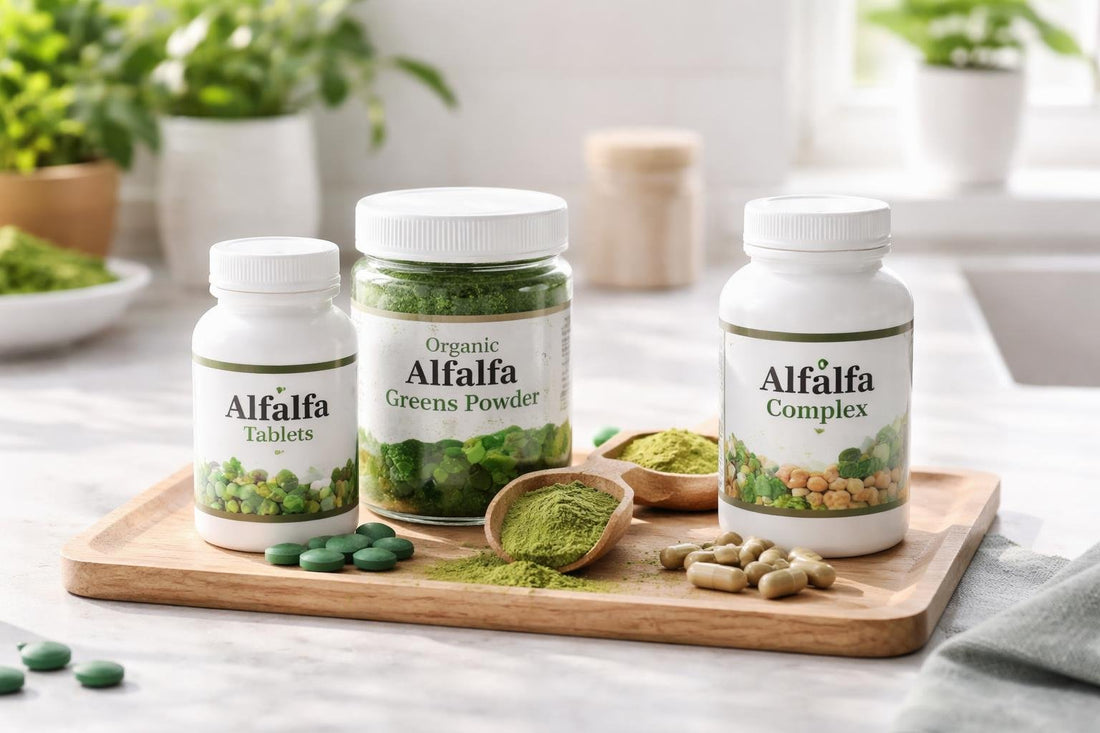 Alfalfa supplement bottles and powdered greens mix
