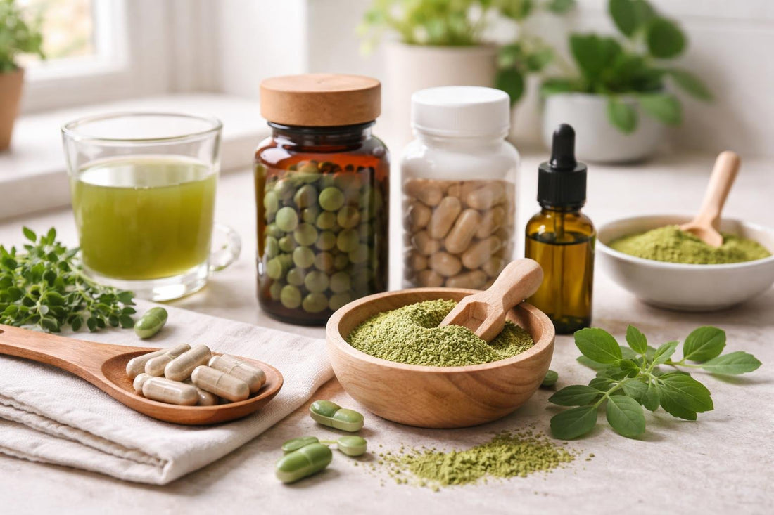 Alfalfa herbal supplement tips with capsules and powder