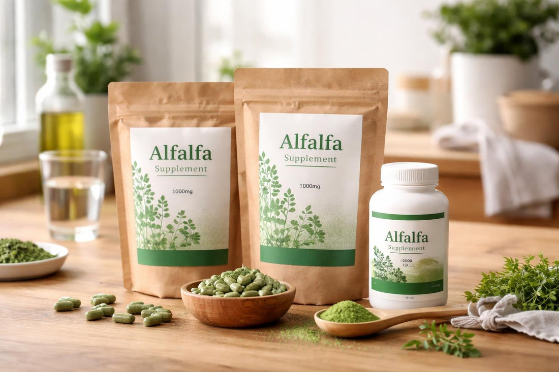 Alfalfa supplement packets and capsules on a wooden table