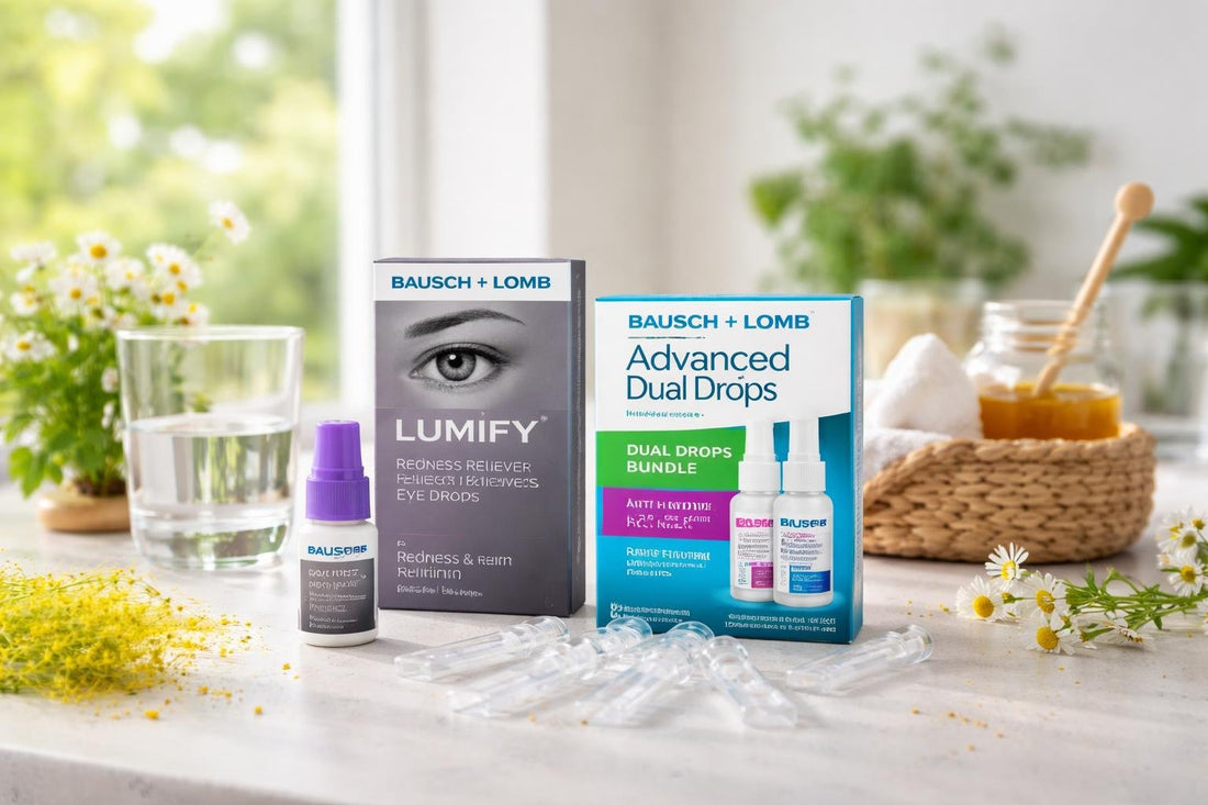 Variety of allergy relief eye drops and single-use vials