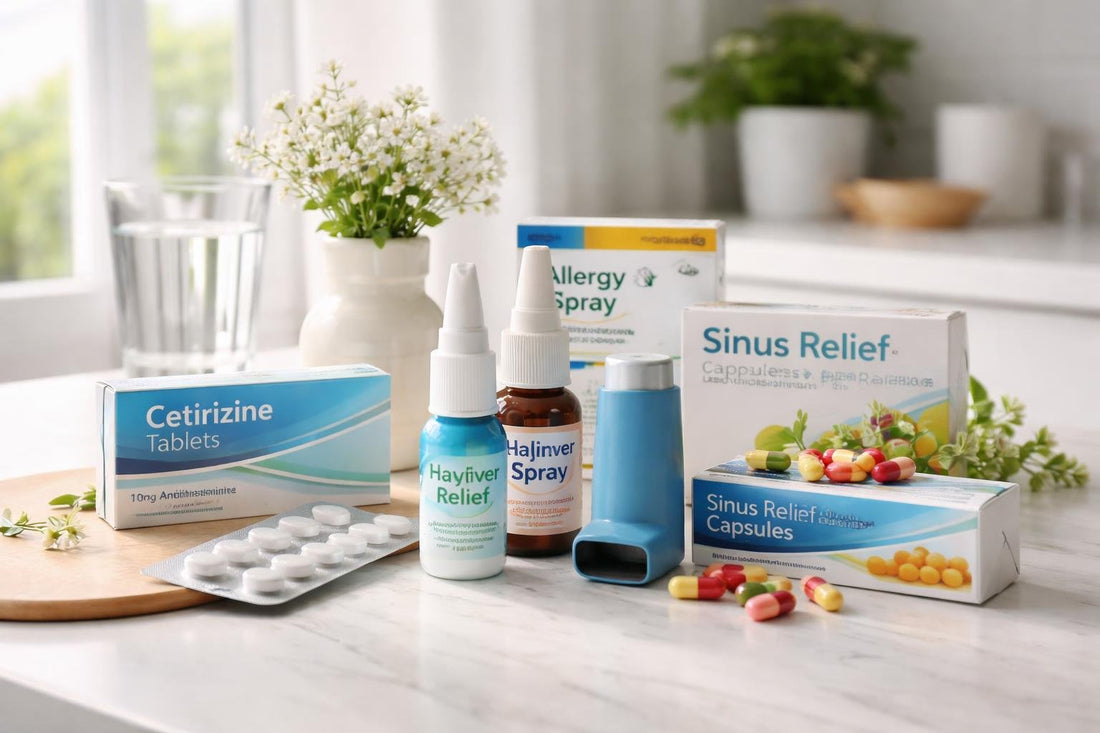 Assorted allergy, sinus and asthma medicines display