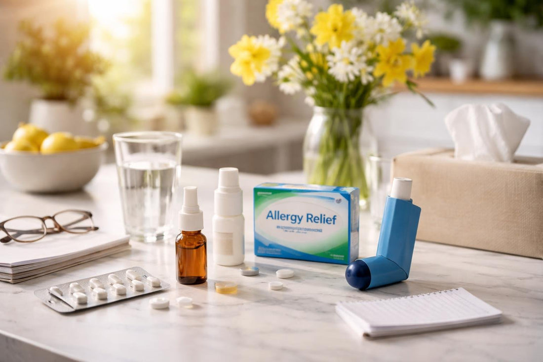 Allergy sinus and asthma medicines on table