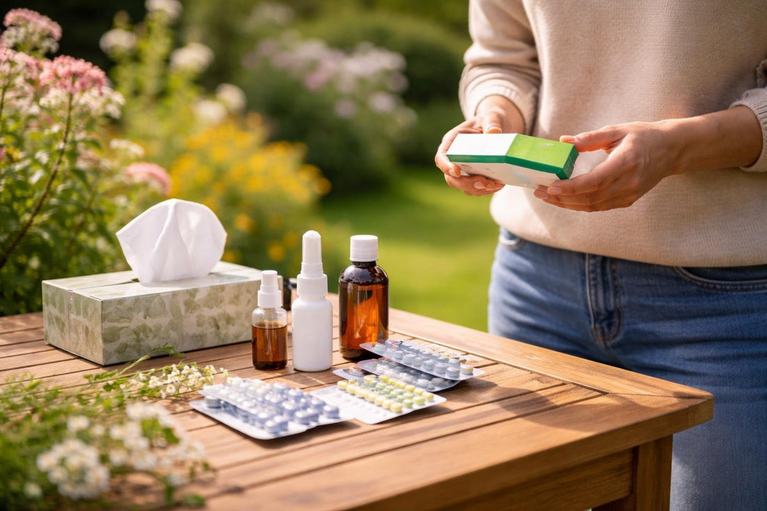 Person checking allergy medicine in spring garden