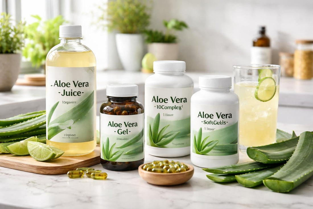 Assorted aloe vera supplement bottles and juices