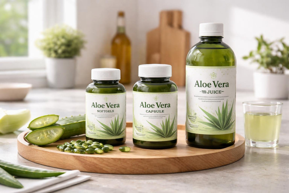 Aloe vera herbal supplement range bottles on kitchen counter