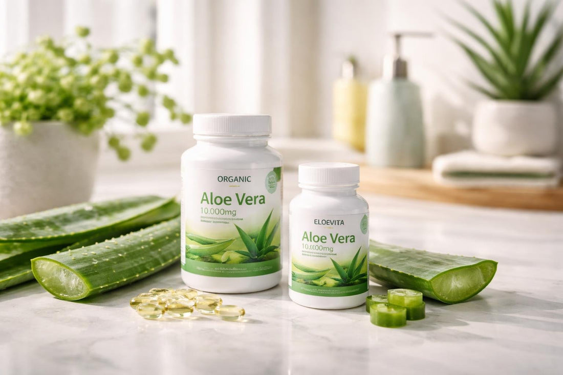 Aloe vera supplement bottles beside fresh aloe leaf