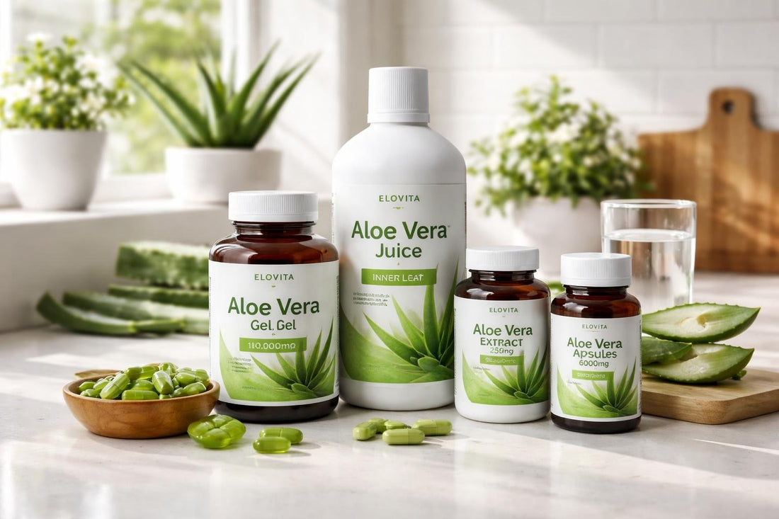 Assorted aloe vera supplement bottles and capsules on table
