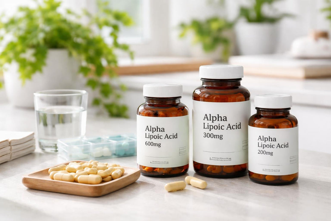 Alpha lipoic acid capsules with dosage notes for UK season