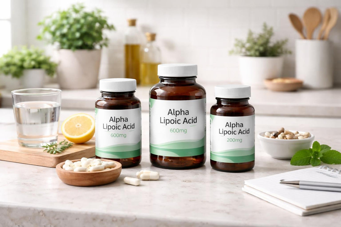 Alpha lipoic acid supplements on a shelf