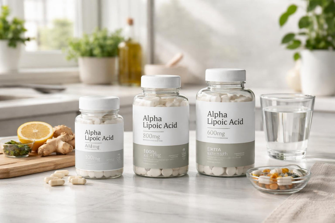 Alpha lipoic acid supplements arranged by strength and form