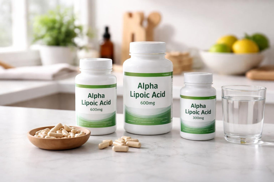alpha lipoic acid supplement bottles and capsules overview