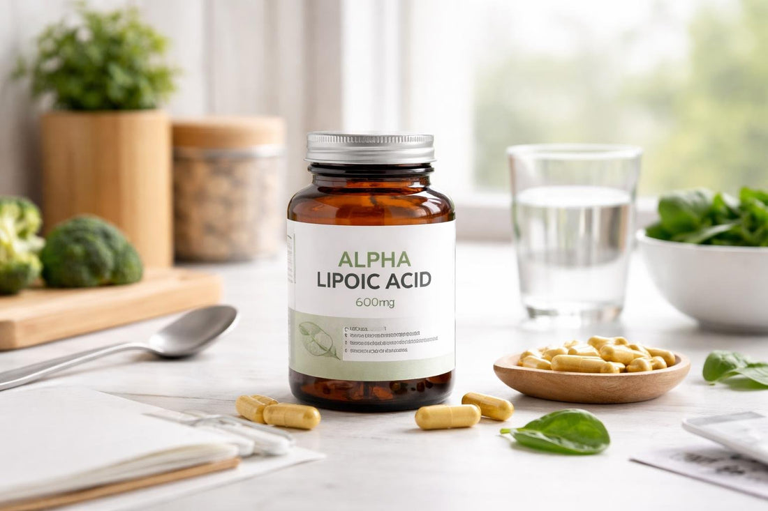 Alpha lipoic acid supplement capsules and label close-up
