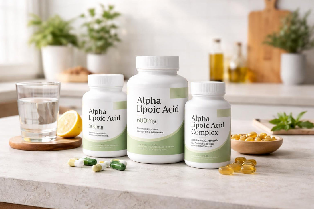 Alpha lipoic acid supplement bottles on a kitchen counter