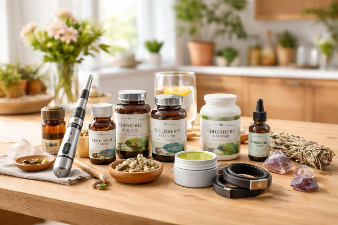 assorted alternative medicine products on wooden table
