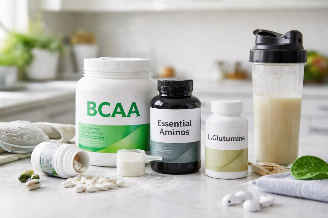 Assortment of amino acid supplement bottles and powders