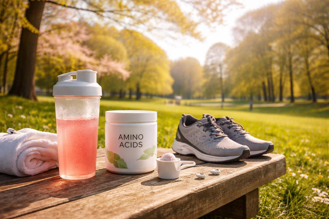 Amino acids powder drink beside trainers in spring park