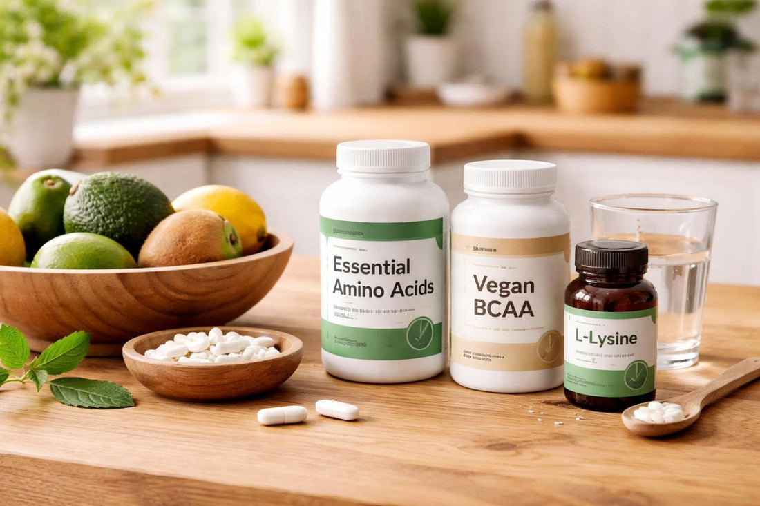 Vegan amino acid supplements selection on wooden table